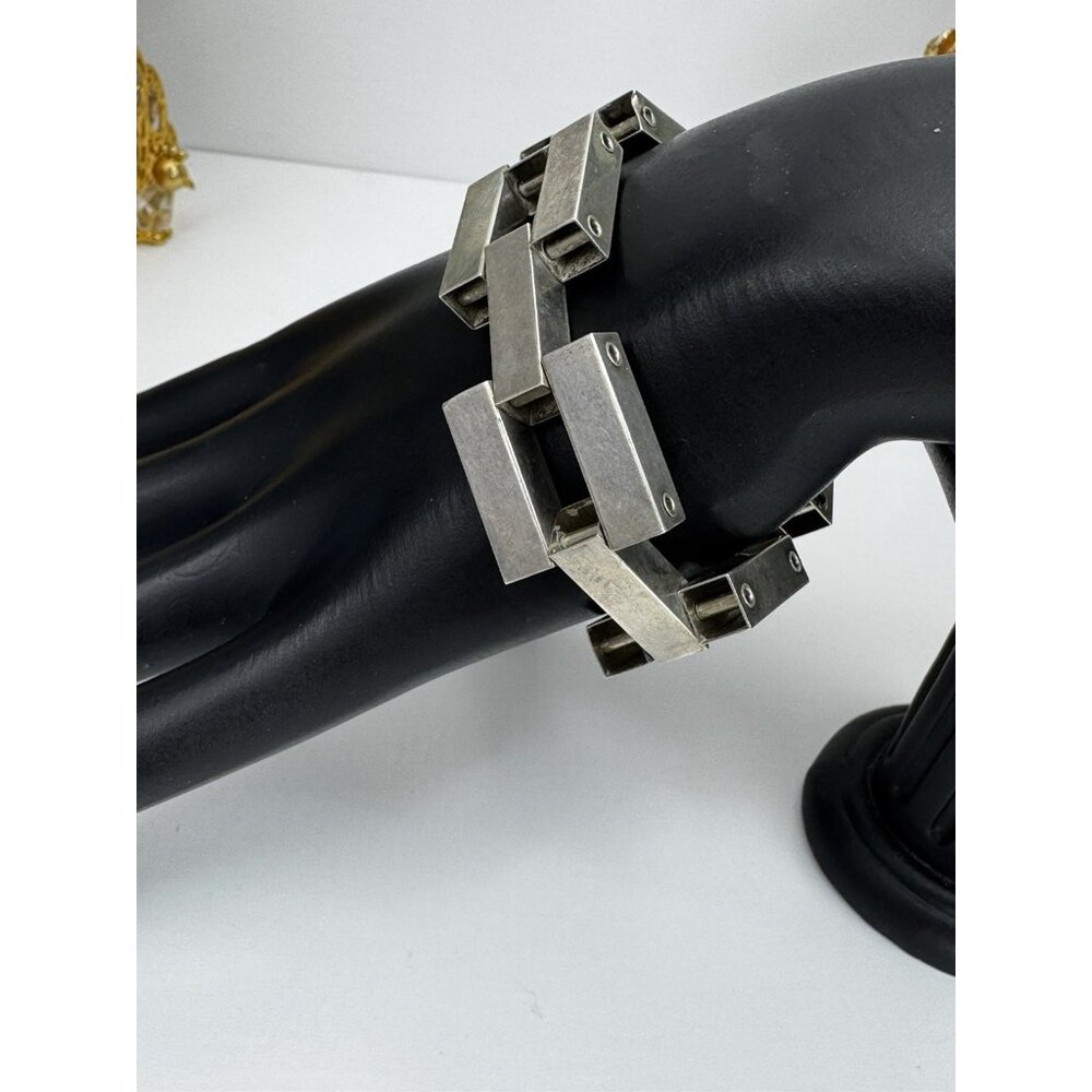 Sterling Silver Art Deco Revival Geometric Link Bracelet Vintage Circa 1970s 7” - Picture 5 of 10